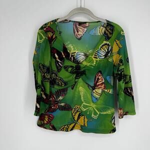 Vintage y2k 90s top medium M green mesh butterfly babydoll sheer whimsical fairy